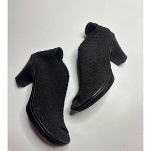 Dexflex Sport Black Woven Peep Toe Block Heel Booties Ankle Boots Womens 8